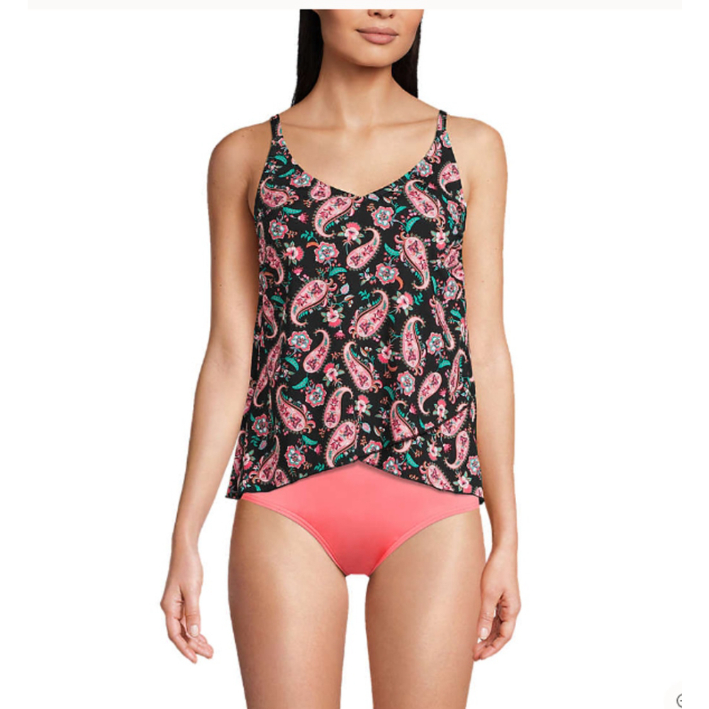 Lands End Tankini Tulip Hem Swimming Suit Top Womens XS Black Pink Paisley Beach